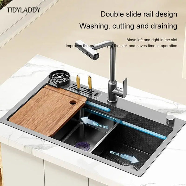 Multifunctional Rotating Pull-Out Waterfall Kitchen Faucets Kitchen Sink Stainless Steel Large Single Slot Kitchen Accessories