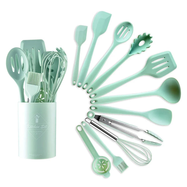 Green Heat Resistant Silicone Cooking Utensil Set Soup Spoon Brush Ladle Pasta Spatula Colander Non-stick Cookware Kitchen Tools