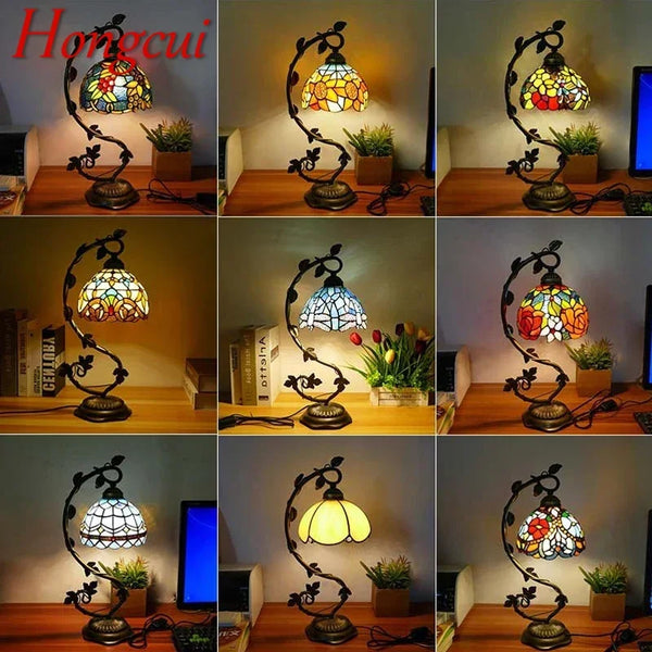 Hongcui Tiffany Table Lamp American Retro Living Room Bedroom Lamp Luxurious Villa Hotel  Stained Glass Desk Lamp