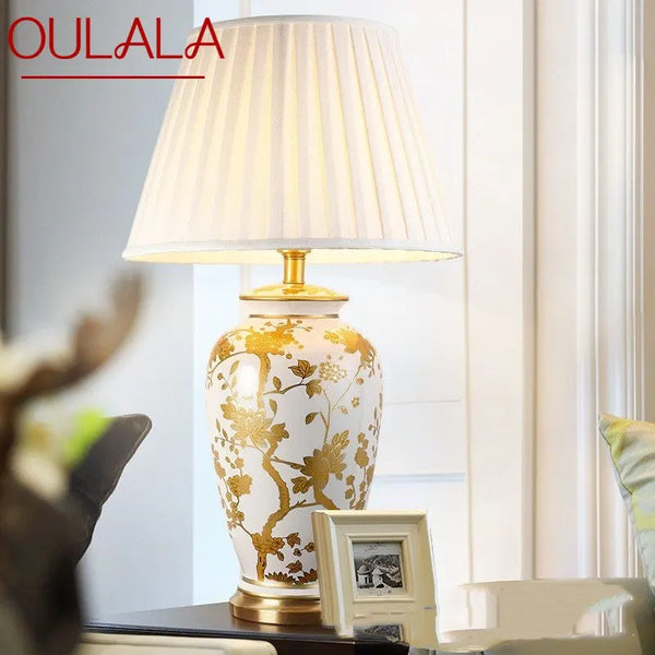 OULALA Ceramic Table Lamps Modern Copper Base Desk Light Contemporary Fabric Lampshade for Foyer Living Bed Room Decor